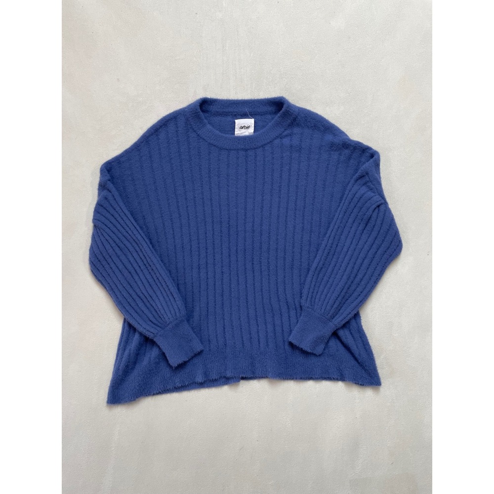 Aerie Women Blue Fuzzy Ribbed Knit Oversized Crewneck Sweater Small